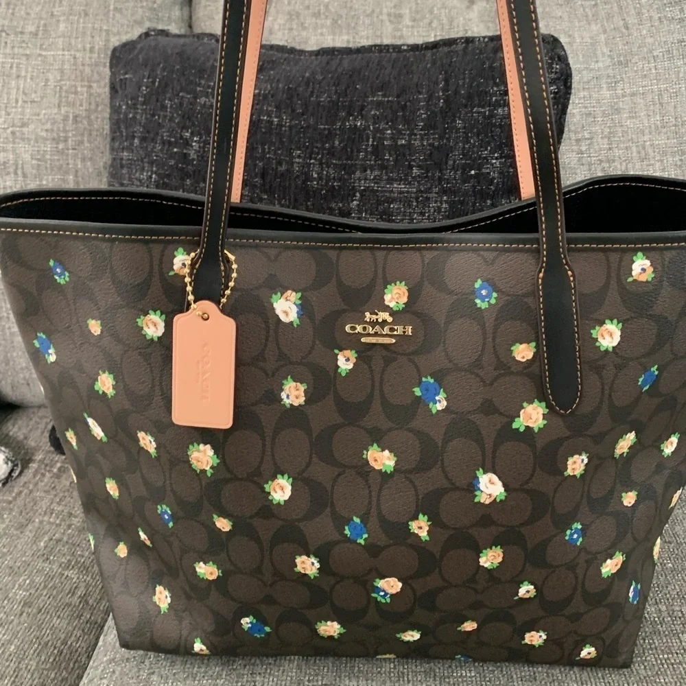 Coach Signature Vntg Rose Tote Brown Black Multicolor Sz 13Lx 11 1/2H x …